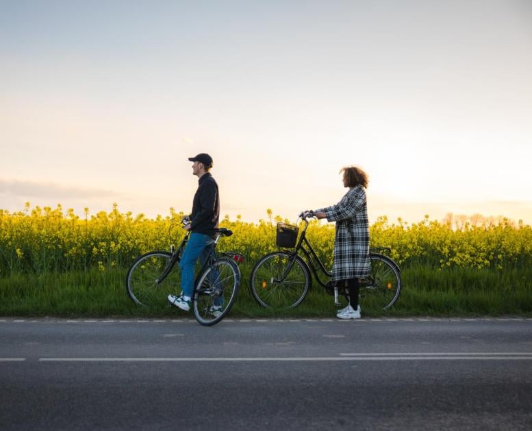 2 personer på cykel ved en rapsmark