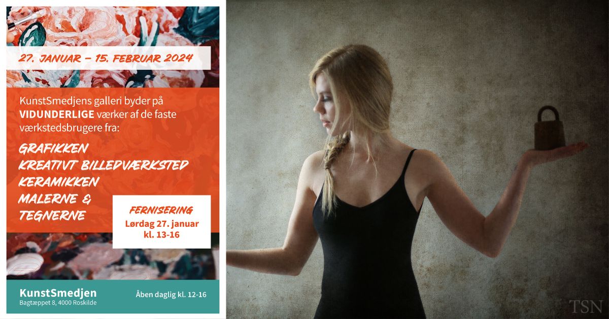 Program for begivenheder på Kunstsmedjen i januar og februar 2024 samt billede af Pernille Mejer Richard der holder release koncert d. 27. januar